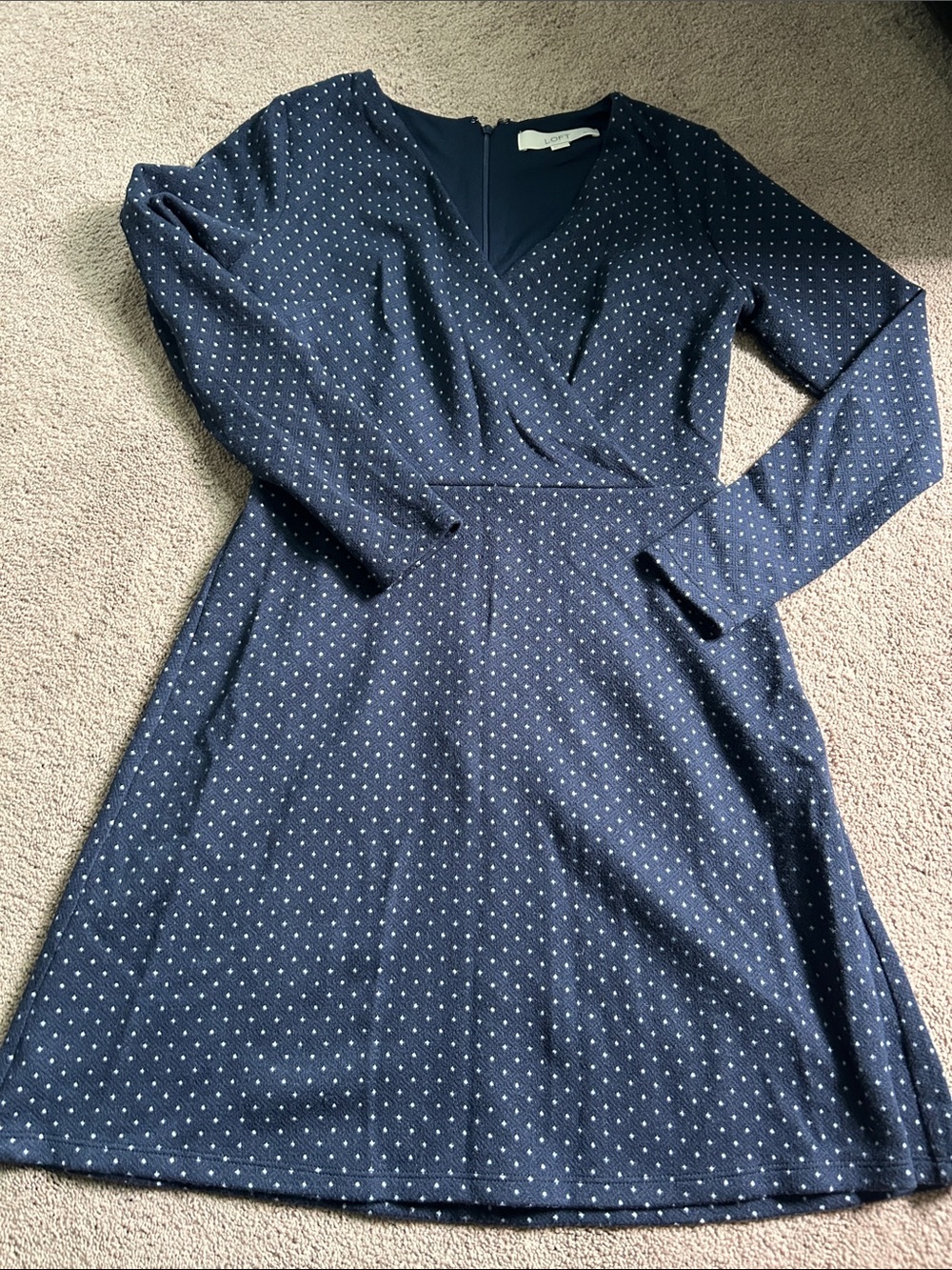 LOFT Navy Polka Dot Long-Sleeve Dress